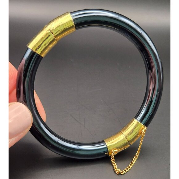 Vintage Black Glass and Goldtone Hinged Bangle Bracelet Chinese Export - Picture 3 of 9